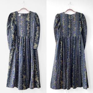 Vintage Laura Ashley Navy and Gold Patterned Long Sleeve Dress